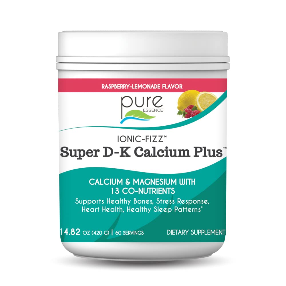 Ionic Fizz Super D-K Calcium Plus από την Pure Essence - με Extra Magnesium, Βιταμίνη D3, Βιταμίνη K2 για Ισχυρά Οστά και Υποστήριξη Στρες - Λεμονάδα Βατόμουρο - 14.82oz