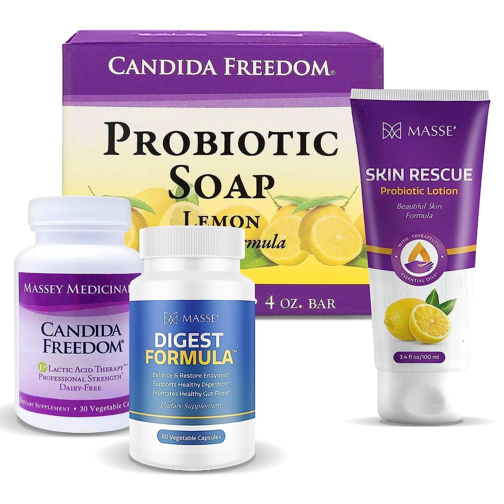 MASSE' Dietary Supplement για σωστή πέψη - Probiotic Balance & Restore Formula - Probiotic Lemon Body Soap and Skin Rescue Probiotic Lotion