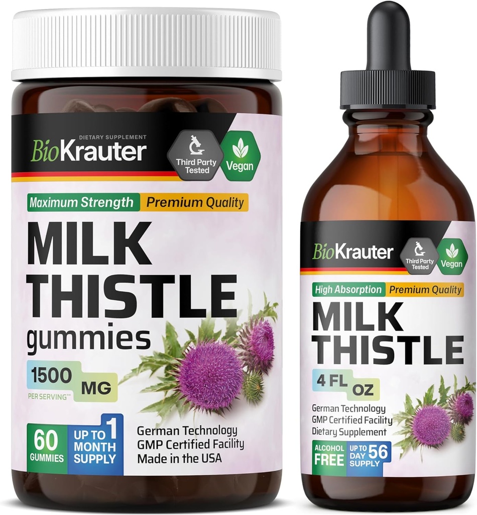 BIO KRAUTER Milk Thistle 60 Gummies & Milk Thistle Tincture 4 Fl. Oz.