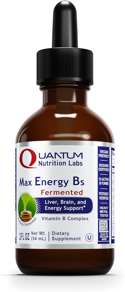 Quantum Nutrition Labs Max Energy B - Vitamin B Complex Liquid Drops, Organic Vitamin B Supplement for Women and Men, Vitamin B1, B2, B3, B5, B6, B12 - 2 Fl Oz