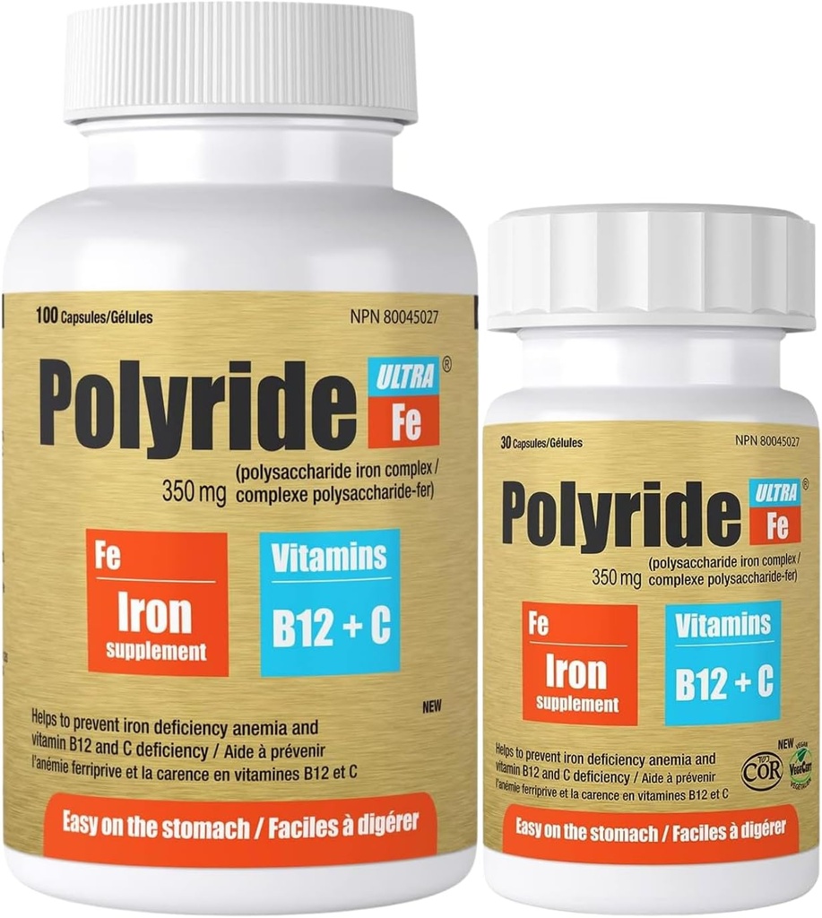 Ultra Polysaccharide Iron Supplement Complex 350 Mg - Energy Support with Iron - treat iron deficiency anemia - 125 mg vitamin C and 1000 mcg Vitamin B12 - 30 Capsules