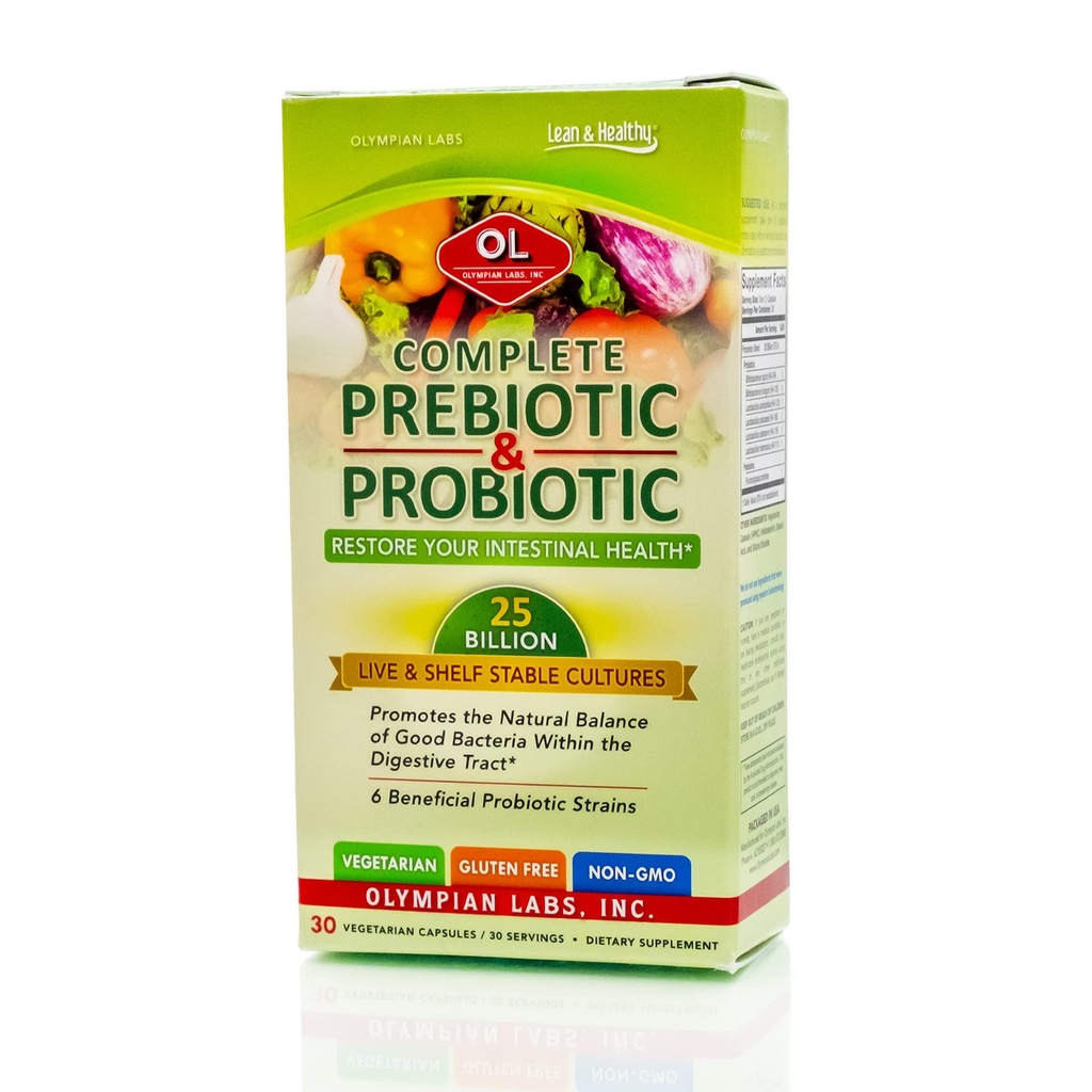 Olympian Labs Complete Prebiotic and Probiotic Supplement - 25 Billion Live Rafium Stable Cultures - 30 Vegetarian Capsles, Helps Restore The Natural Balance Inside The Digestive Tract.