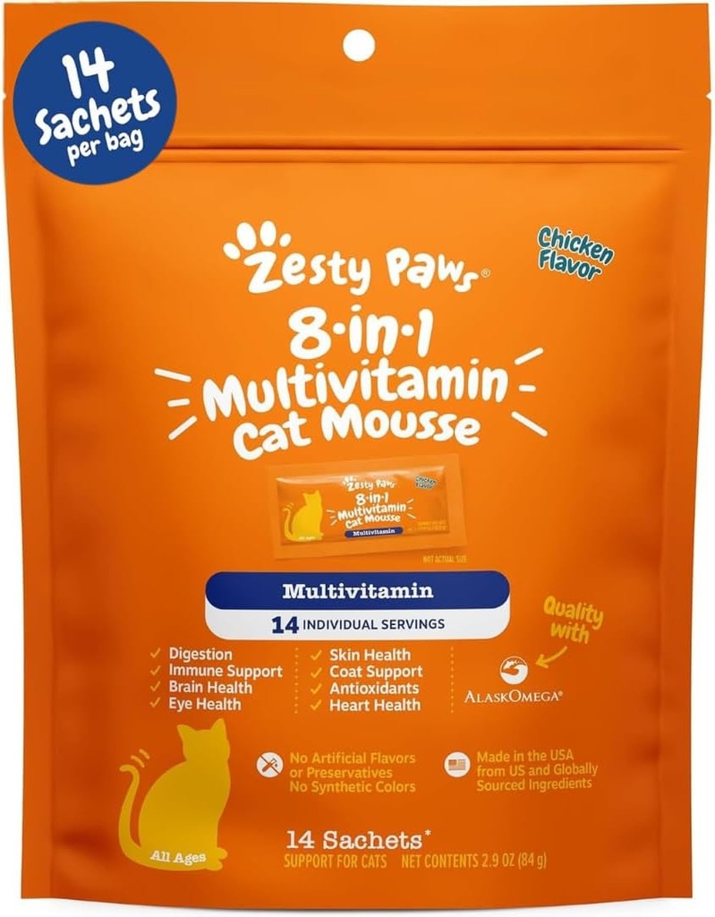 Zesty Paws 8-in-1 Multivitamin Cat Vitamins & Supplements Mousse - Cat Vitamins for Indoor Cats - Healthy Treat Squeeze Up for Gut, Immune, Heart, Skin & Coat Support - Chicken 14ct