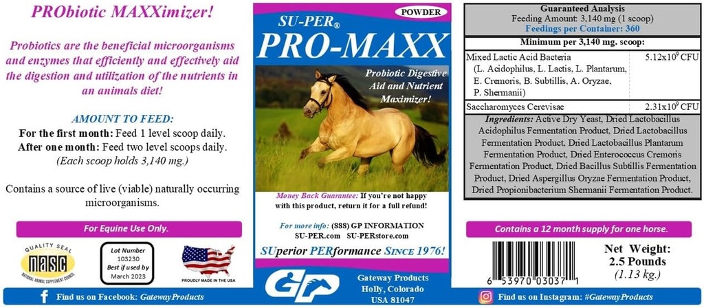 SU-PER Pro-Maxx Probiotics για τα άλογα - Equine Digestive Aid και Nutrient Maximizer - Διατηρεί κατάλληλη υγεία και μικροβιακή ισορροπία - 2,5 Λίρες, (2 Pack)