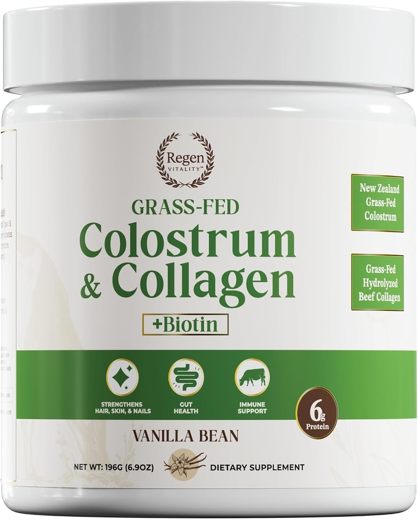Grass-Fed Colostrum & Collagen Powder | Gut Health, Hair, Skin & Joint Support | New Zealand Bovine Colostrum, Hydrolyzed Collagen Peptides, 300mcg Biotin | Vanilla Bean | 28 Servings