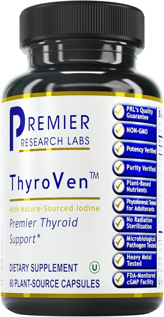 Premier Research Labs ThyroVen - Θυρεοειδής υποστήριξη για τις γυναίκες, Θυρεοειδής υποστήριξη για τους άνδρες, Thyroid συμπλήρωμα, Thyroid συγκρότημα υποστήριξης με φυσικά-Πηγή ιώδιο - 60 κάψουλες