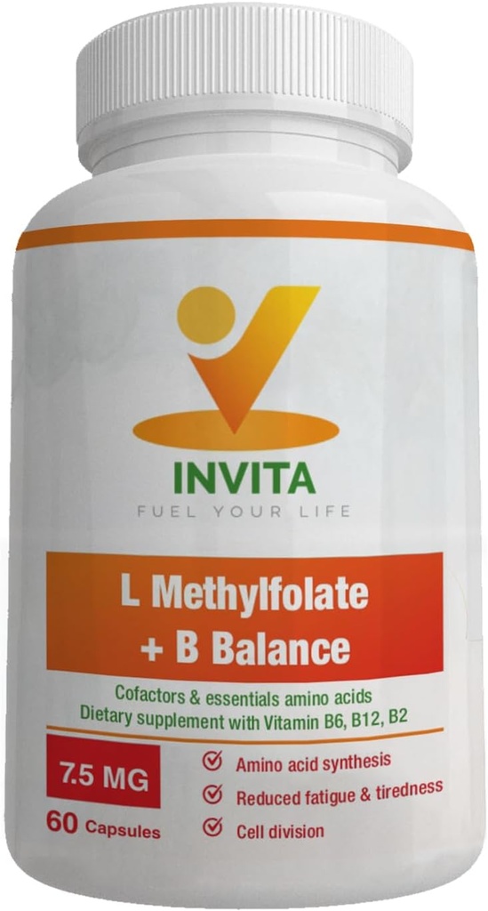 INVITA L- Methylfolate + B Balance - 5- MTHF, B6, B2 & B12 Methylcobalamin B Complex - 60 Κάψουλες - Επαγγελματική Δύναμη Ενεργό Φολικό Μεθύλιο - Μη ΓΤΟ, Χωρίς γλουτένη, Χωρίς πληρωτικά (7, 5 mg)