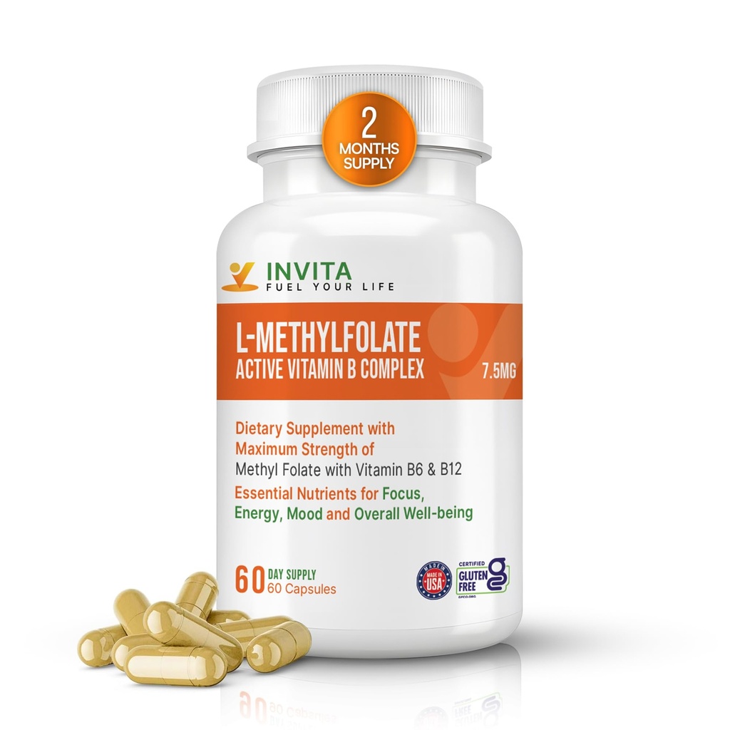 INVITA L- Methylfolate + B Balance - 5- MTHF, B6, B2 & B12 Methylcobalamin B Complex - 60 Κάψουλες - Επαγγελματική Δύναμη Ενεργό Φολικό Μεθύλιο - Μη ΓΤΟ, Χωρίς γλουτένη, Χωρίς πληρωτικά (7, 5 mg)