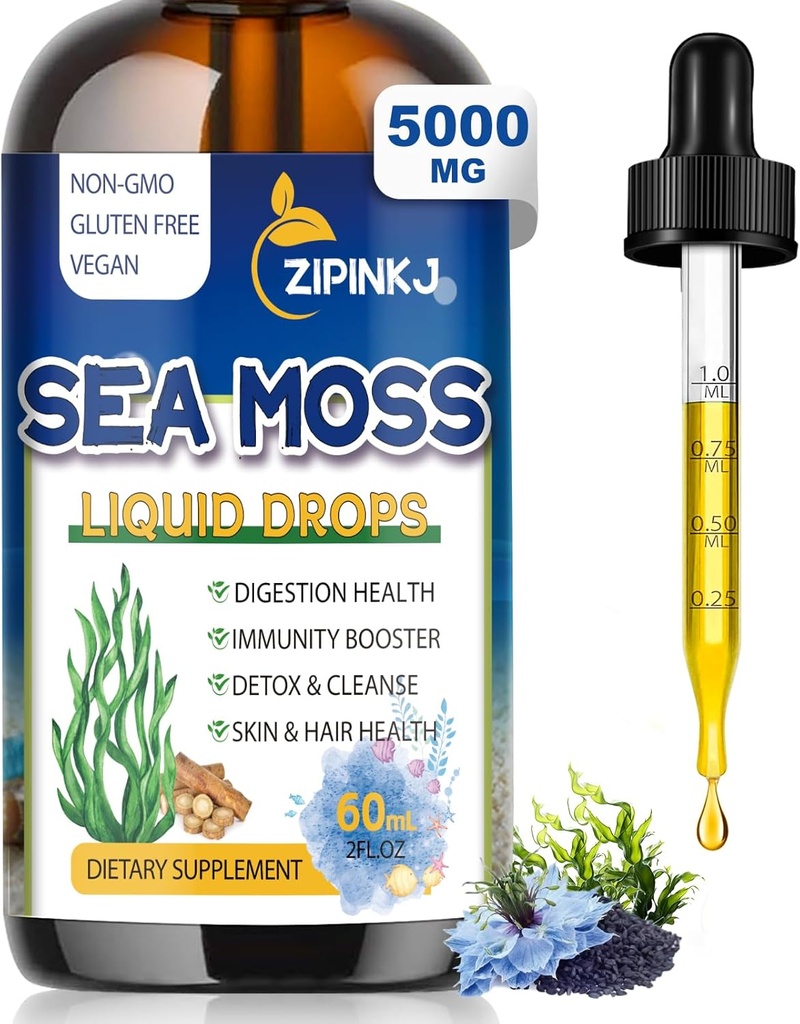 Sea Moss Drops, Irish Liquid Sea Moss Gel Supplement with Black Seed Oil, Shilajit, Elderberry, Burdock Root, Spirulina, Bladderwrack for Digestion Health, Non-GMO, 2 Fl Oz