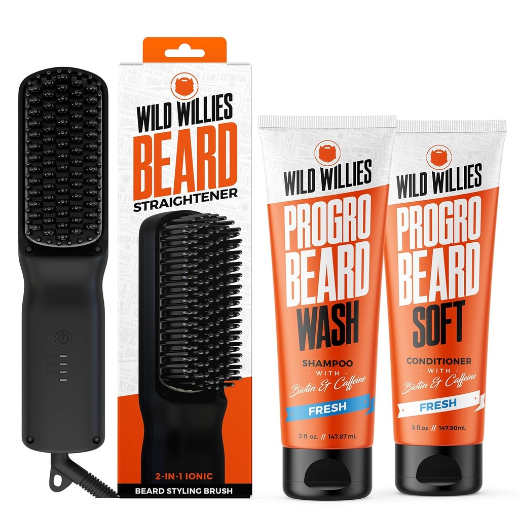 Wild Willies Beard Grooming Kit - Συσκευαστής για άνδρες, PROGRO - Ενισχυμένη με βιοτίνη & καφεΐνη για την ανάπτυξη των μαλλιών, πλύσιμο, ενυδάτωση - Ιωνικό 2-σε-1 Θερμαινόμενο πινέλο, Κατασκευασμένο στις ΗΠΑ
