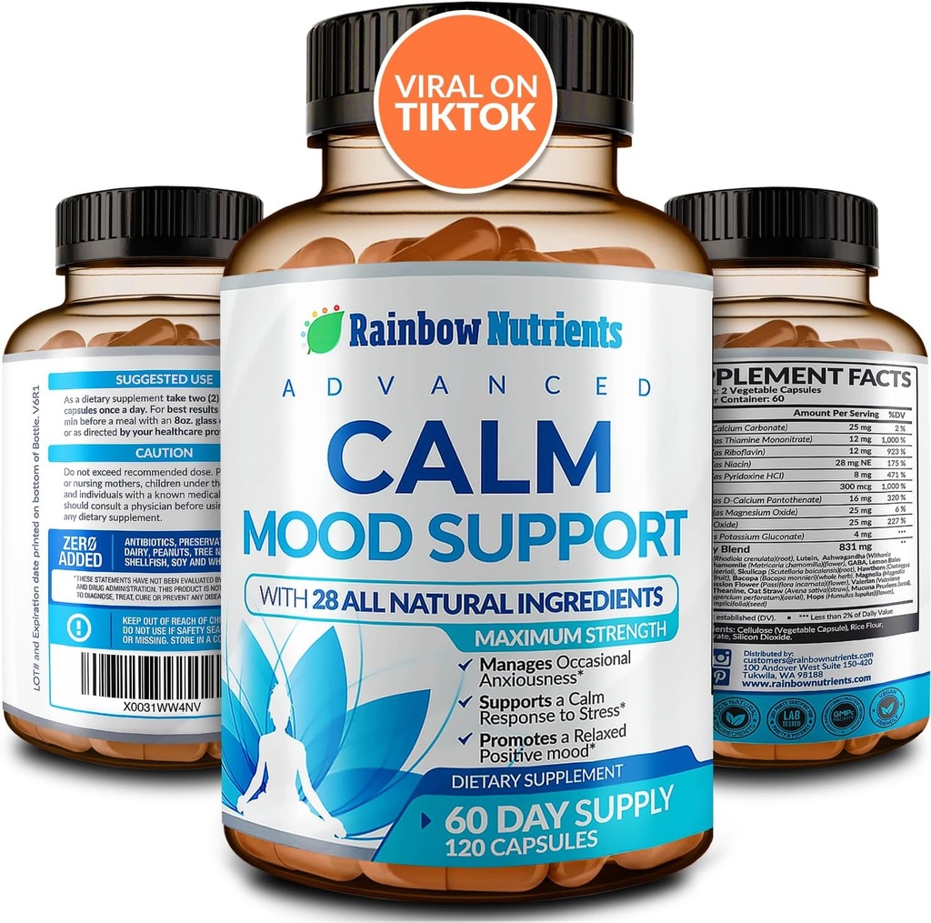 28 in 1 Calm Mood Support Supplement- Natural Happy Pills for Occasional Anxiousness & Stress, Worry feelings, Relaxation, Mental Clarity | Max Sleep & Mood Support for Women & Men|120 Vegan Capsules
