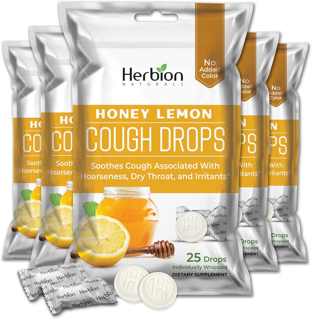 HERBION Naturals Cough Drops with Honey Lemon Flavor, Dietary Supplement, Soothes Cough, for Adults and Children Over 6 Years, 125 Lozenges, Pack of 5