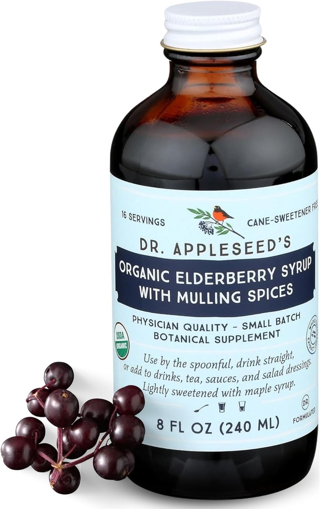 Dr. Appleseed's Organic Elderberry Syrup Max Strength 28.000mg Kids + Adults Daily Immune Supplement Doctor- Formated Science-backed Pure Vegan 48 Day Supply – 8 Fl Oz