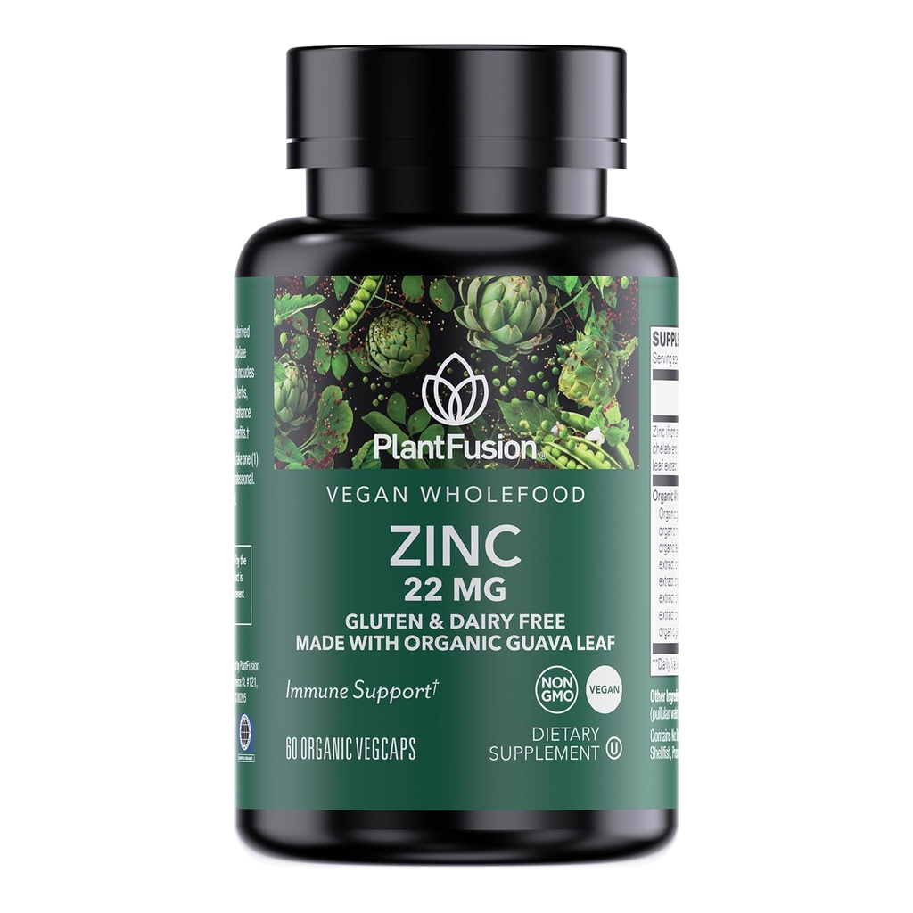 PlantFusion Vegan Zinc Συμπληρώματα 22 mg – Σύμπλεγμα ολόκληρων τροφίμων, Χηλικός κιτρικός ψευδάργυρος από οργανικό φύλλο Guava για ανοσοποίηση Υποστήριξη, 60 κάψουλες