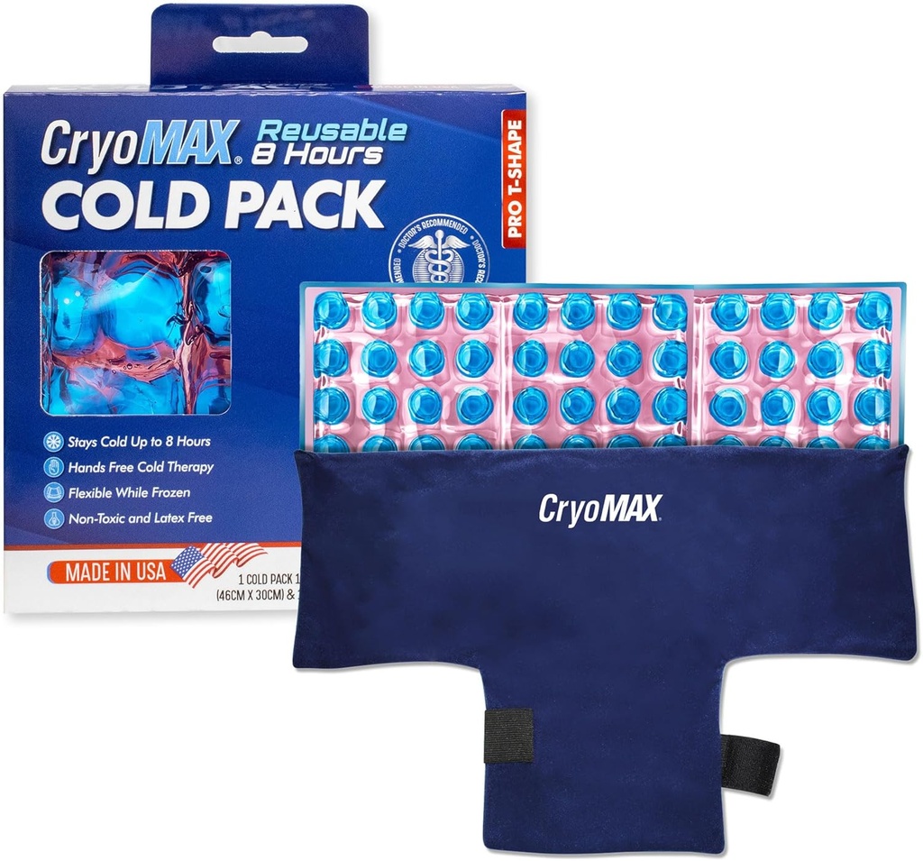 CryoMAX Reusable Cold Pack - 8-Hour Long-Lasting Cold Therapy Ice Pack, Adjustable Wearable Compress Straps, Best for Pain Relief, Injuries, Hip Surgery Swelling, and Migraines - T-Shape (1 Count)