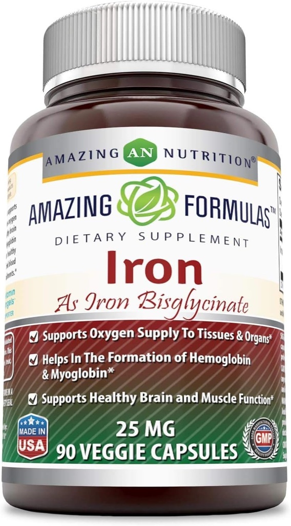 Amazing Formulas Iron as Iron Bisglycinate 25 Mg Veggie Capsules (Non-GMO,Gluten Free) - Υποστηρίζει Oxygen Supply to Tissues & Organs-Βοηθά στη Σχηματισμό της αιμοσφαιρίνης & Μυοσφαιρίνης.(90 Veggie Κάψουλες)