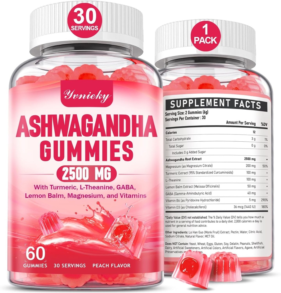Ashwagandha Gummies 2500mg για γυναίκες & άνδρες: Ashwagandha συμπλήρωμα Gummy Επιπλέον δύναμη με κουρκουμά, βιταμίνη D3, L-Θεανίνη, Μαγνήσιο - γεμάτο Gummies, Φράουλα Γεύση, Vegan, Μη ΓΤΟ