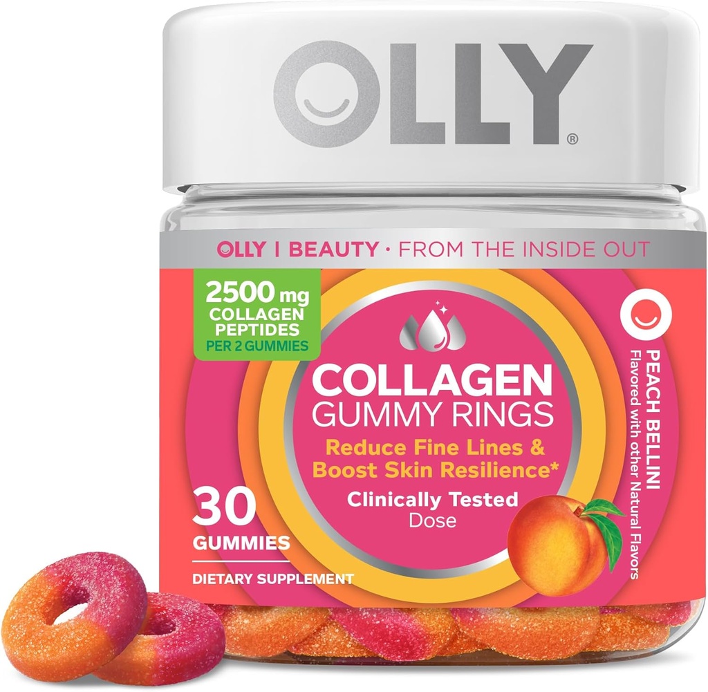 OLLY Collagen Gummy Rings, Supports Skin Elasticity and Firmness, 2.5g Collagen, Clinically-Tested, Peach, 15 Day Supply - 30 Count