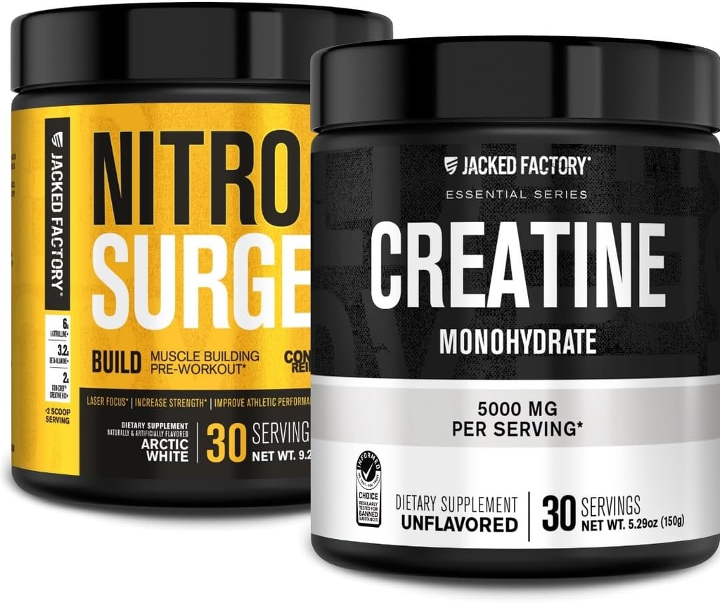 Jacked Factory Nitrosurge Build Pre Workout with Creatine for Muscle Building (30 services, Arctic White) & Creatine Monohydrate Κόνις για την ανάπτυξη των μυών & Αυξημένη δύναμη (30 Services, Unflaved)