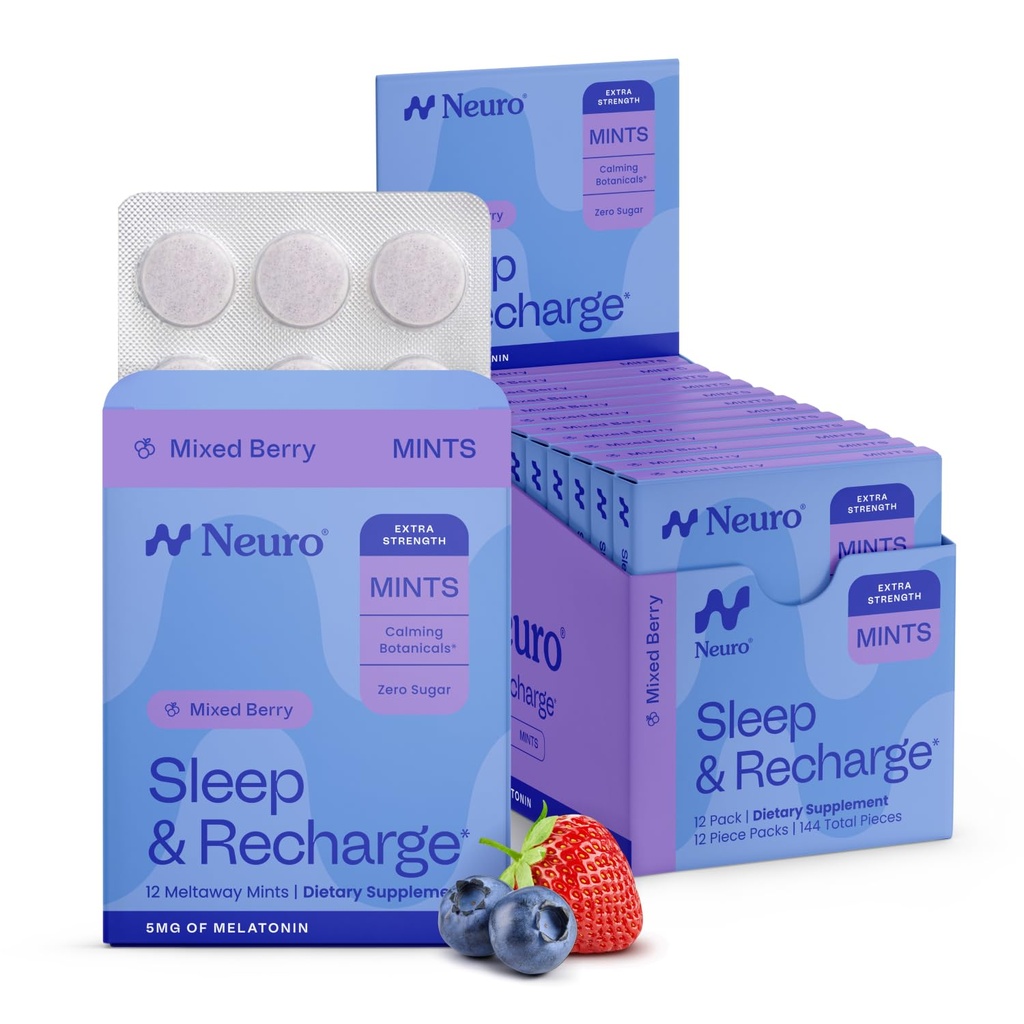 Neuro Melatonin 5mg Sleep & Recharge Mints (144 Pieces) - Γρήγορη Διαλύστε Χωρίς Μελατονίνη Μέντες με Λεμόνι Μπάλα & Χαμομήλι για Καλύτερο Ύπνο - Συμπλήρωμα Ήρεμου Ύπνου για Ενήλικες - Night Berry Flavor