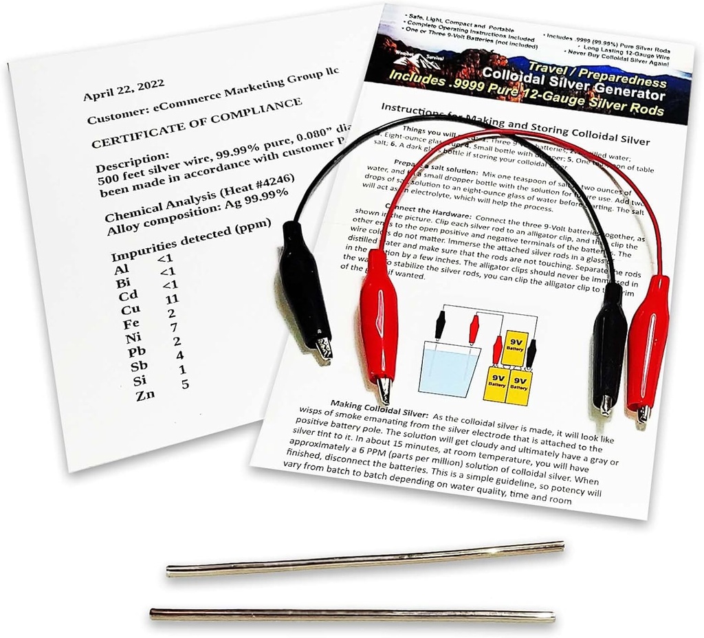 Colloidal Silver Generator Wire 99.99% Pure 12-Gauge (0.08 in./2.06 mm) Set of (2) 4-Inch Rods + Mini/Travel Generator - Includes Wires + Complete Instructions