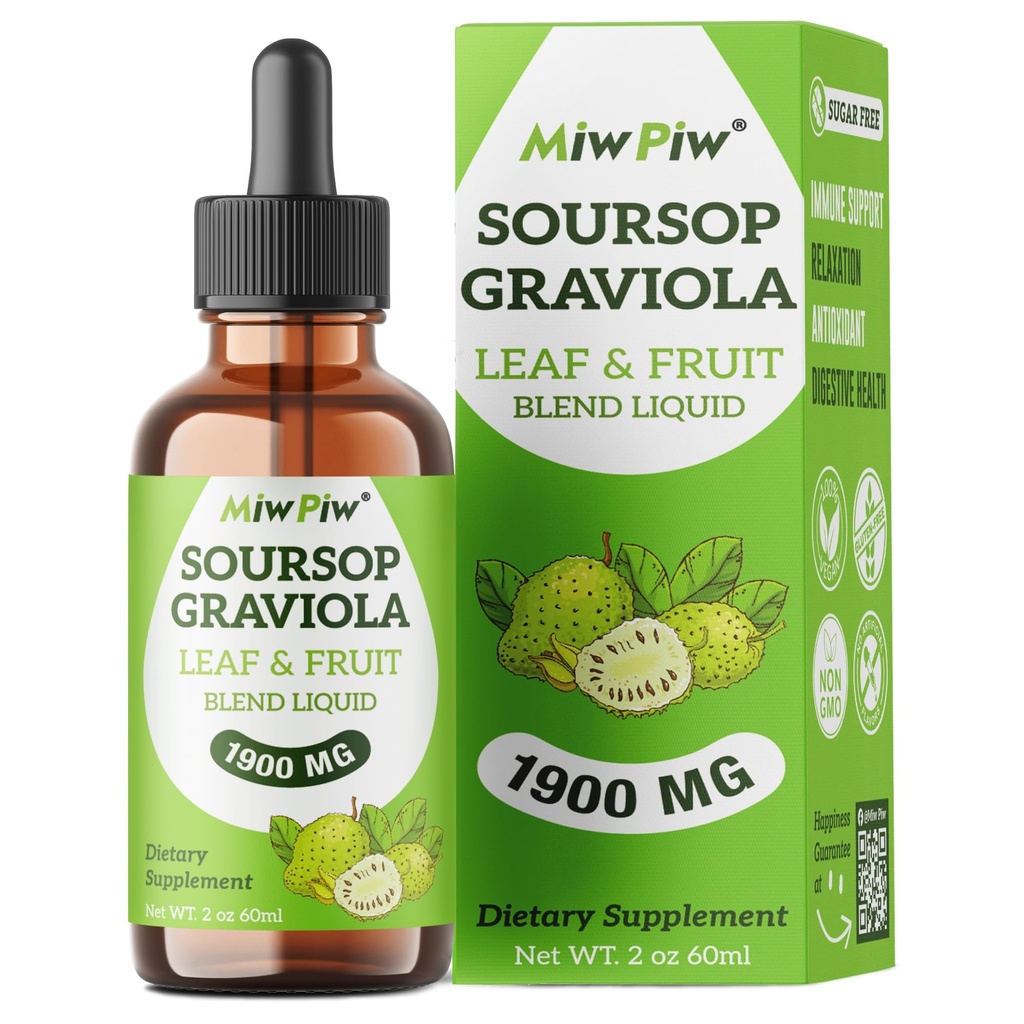 Soursop Graviola Liquid Drops 1900MG 2Fl Oz, Soursop Bitter Leaf Extract Συμπληρώματα, Sleep Relax Support and Immune Boost - Χωρίς ζάχαρη, φυσική γεύση, βοτανική καλοσύνη