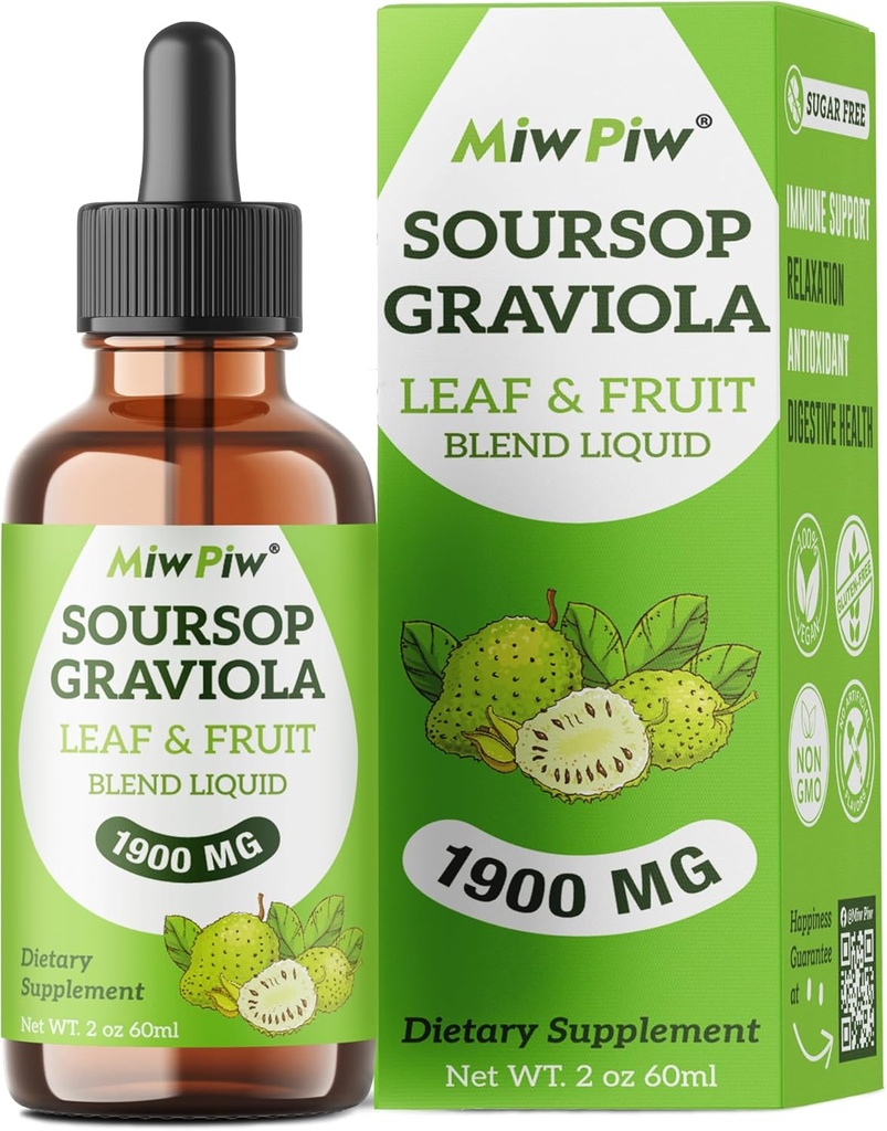 Soursop Graviola Liquid Drops 1900MG 2Fl Oz, Soursop Bitter Leaf Extract Συμπληρώματα, Sleep Relax Support and Immune Boost - Χωρίς ζάχαρη, φυσική γεύση, βοτανική καλοσύνη