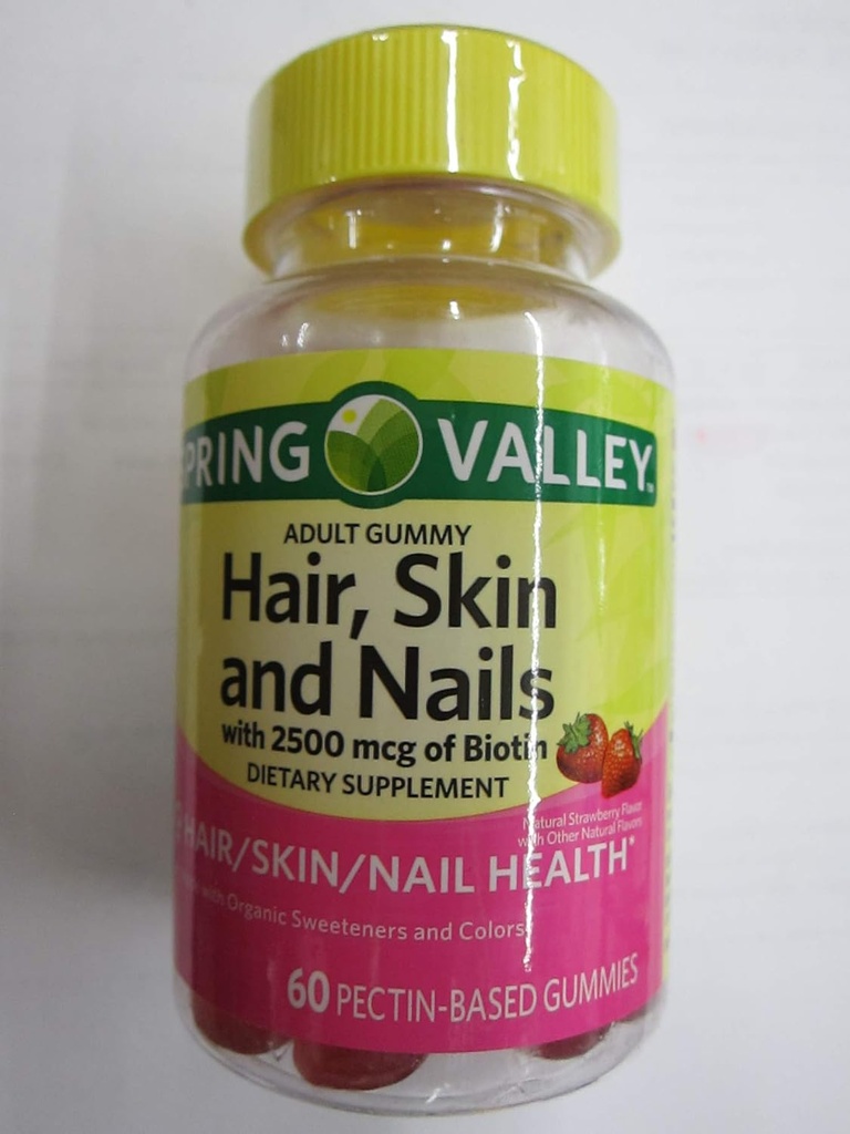 Spring Valley Adult Hair, Skin, Nails, 2500 mcg Biotin, Strawberry, 60 Gummies (Pack of 2)