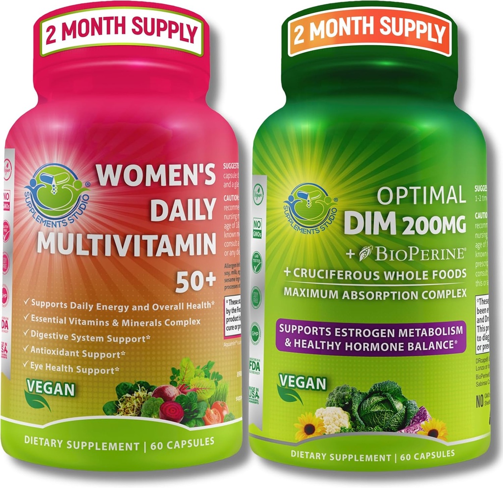 Vegan Bundle for Hormone Balance, Energy, Immunity Bundle – Women’s Daily Multivitamin 50+ with Organic Superfood Blend + DIM 200mg Supplement with BioPerine® – Non-GMO, Clean Daily Wellness Support