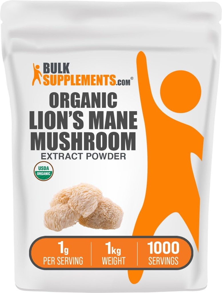 BulkSupplements.com Βιολογικό Mane Mushroom Extract Powder - Lions Mane Supplement Powder, Superfood for Well-Being - Vegan, 1g per Serving, 1kg (2,2 lbs) (Pack of 1)