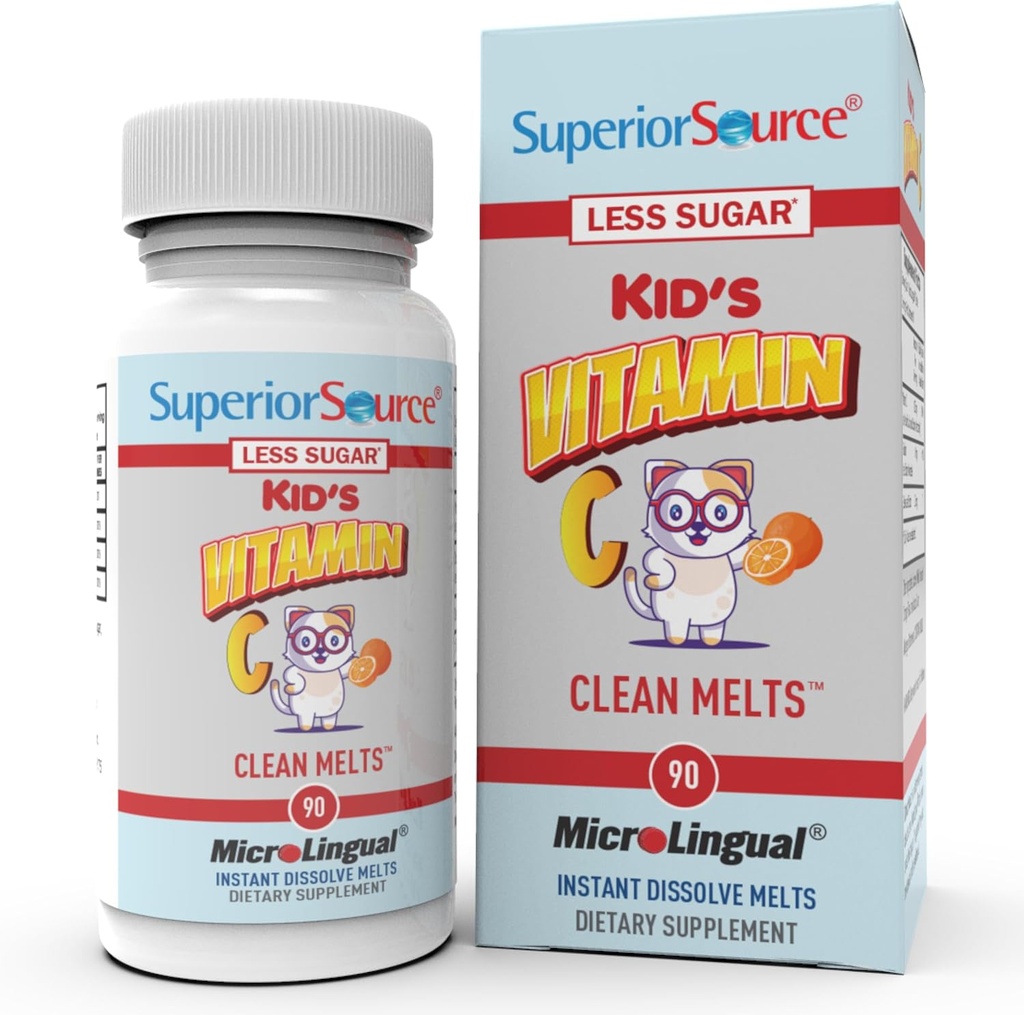 Superior Source Kid's Vitamin C Clean Melts - Συμπλήρωμα Ανοσοποιητικής Υποστήριξης για Παιδιά - Λιγότερο Ζάχαρη - Μη ΓΤΟ, Χωρίς Γλουτένη & Συντηρητικά- Δωρεάν - 90 MicroLingual Instant-Dissolve Tablets