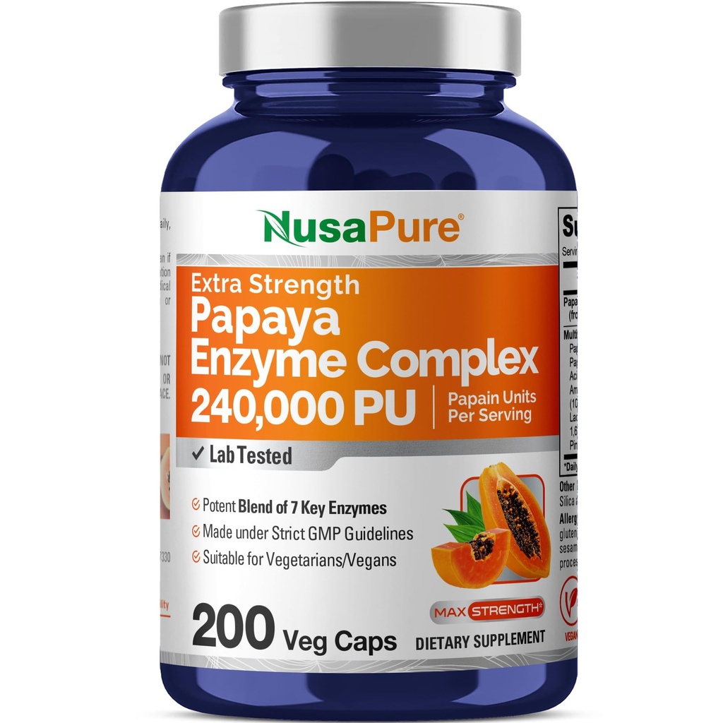 NusaPure Papaya Papain Enzyme Complex 240.000 PU - 200 Veggie Caps - 100% χορτοφάγοι, μη ΓΤΟ