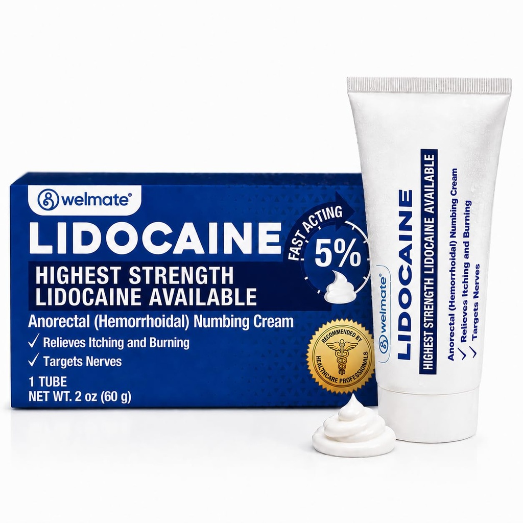 WELMATE - 5% Lidocaine Numbing Cream, 2oz (60g) - Maximum Strength Lidocaine Cream - Αιμορροΐδη Ανακούφιση - Εξωτερική Χρήση Αναισθησία, Βιταμίνη Ε - Ανθεκτικό στα παιδιά - Επίκαιρη Φροντίδα του δέρματος