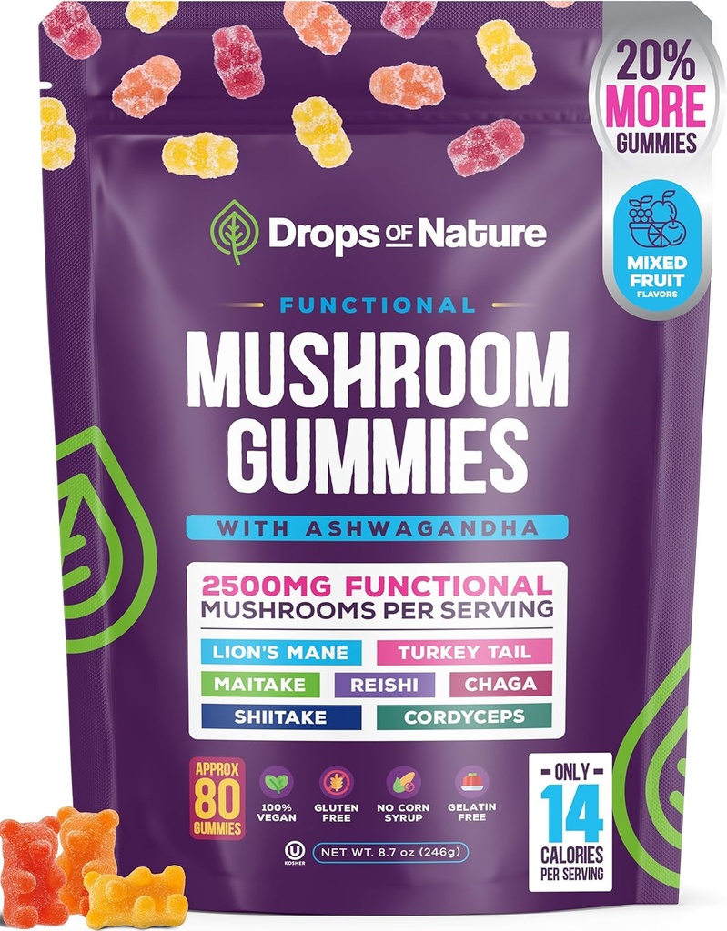 Ashwagandha Gummies and Lions Mane Mushroom Gummies Supplement - Organic - Reishi, Cordyceps, Turkey Tail, Maitake, Shithake, Chaga - Ανοσοποιητική Άμυνα, Ενισχύει τη Γνωστική Απόδοση, Vegan, Χαμηλή Καρβίδα