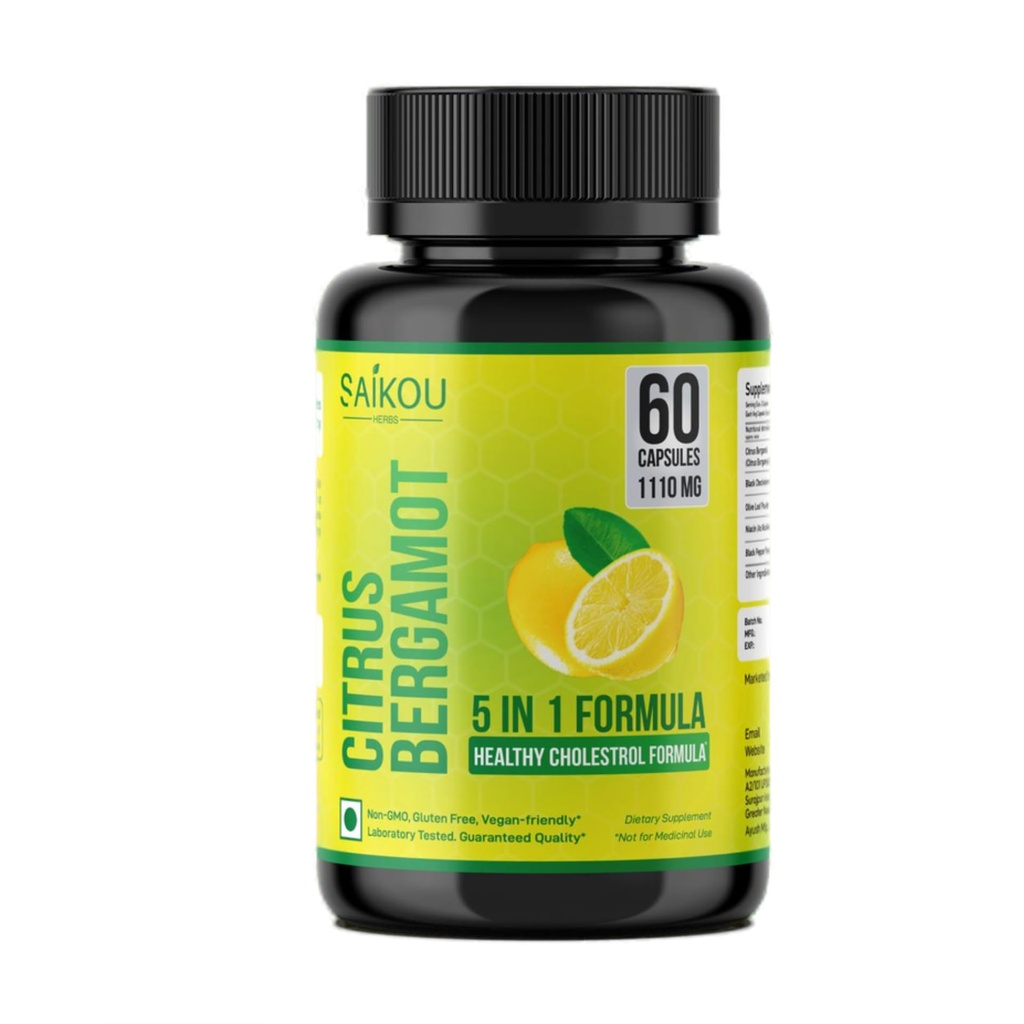 Citrus Bergamot 1110mg - 25:1 Extract - High Potency Supplement with Black Choke Berry, Niacin, Olive Leaf & Black Pepper Extract - Vegan - 60 Capsules