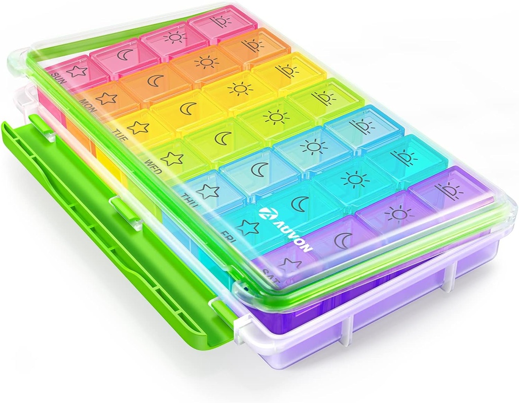 AUVON iMedassist Moisture-Proof Weekly Pill Organizer 4 φορές την ημέρα, μεγάλη περίπτωση 7 ημερών χάπι κουτί με φορητό σχεδιασμό για τα ταξίδια, μετακινήσιμα μεμονωμένα εμπορευματοκιβώτια κρατήσει βιταμίνες, συμπληρώματα, φάρμακα