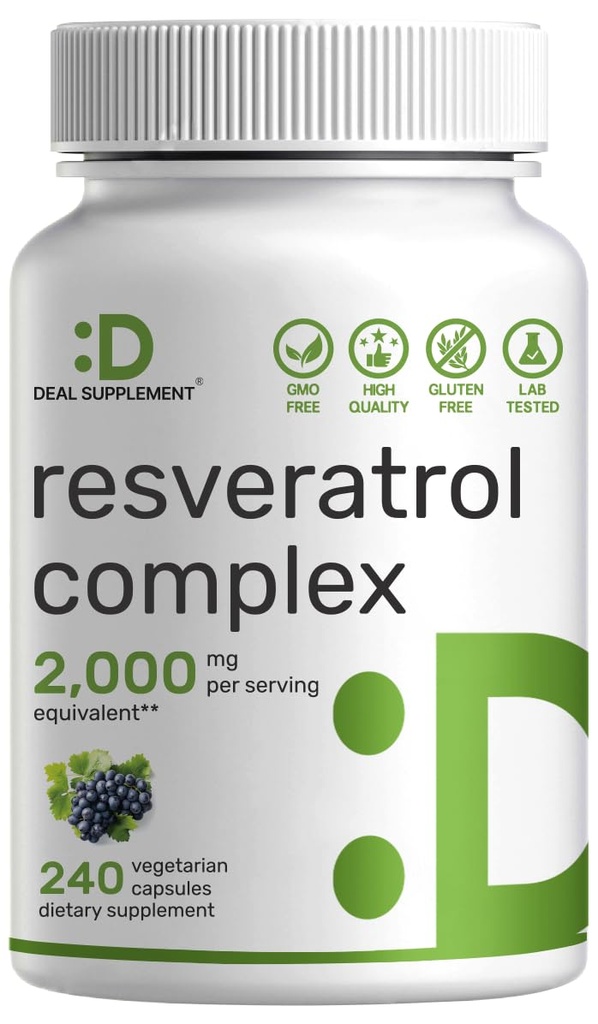 Resveratrol Complex 2.000mg, 240 κάψουλες Veggie – Επιπλέον δύναμη Trans-Resveratrol με NAD, Quercetin, Curcumin, Σπόροι σταφυλιού & More – Υγιεινή γήρανση Αντιοξειδωτικό για την ενέργεια & την υποστήριξη του εγκεφάλου