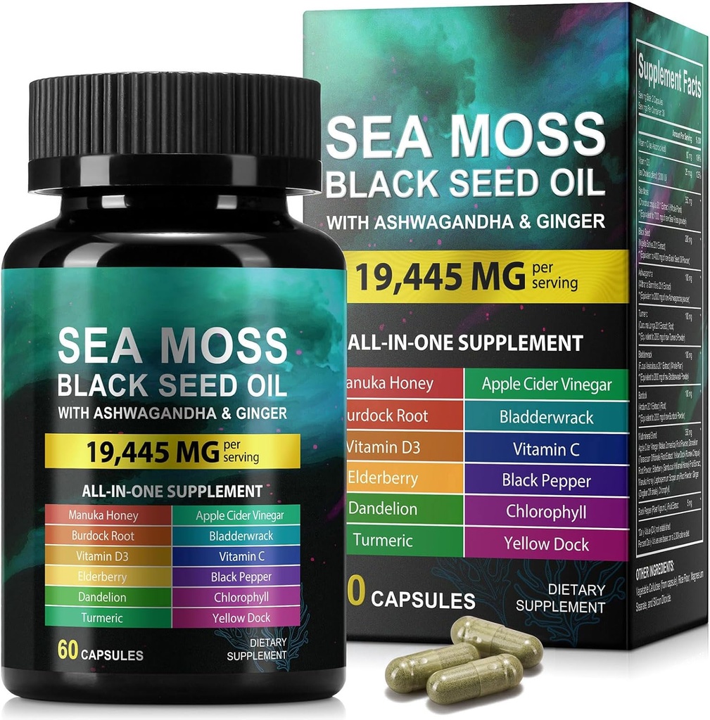 Sea Moss Black Seed Oil Ashwagandha Ginger, Sea Moss συμπλήρωμα καψακίων με Turmeric Burdock Root Bladderwrack Βιταμίνη C βιταμίνη D3 Ενισχυμένη Ανοσία & Ενέργεια Μαύρος Σπόρος Καψάκιο Λάδι 60 Count
