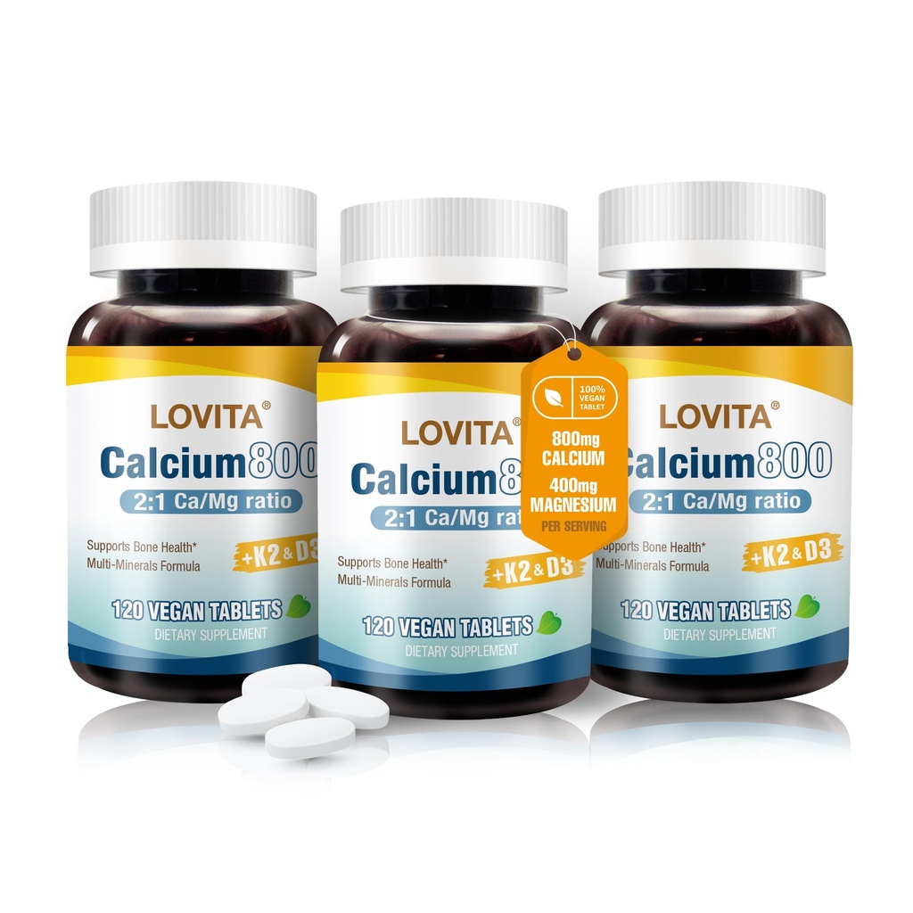 Lovita Calcium Citrate 800 mg με Μαγνήσιο, Βιταμίνη D3 & K2, Ενίσχυση των οστών & Πυκνότητα συμπλήρωμα για γυναίκες & άνδρες, Υποστηρίζει τα δόντια, ανοσοποίηση υγεία, γλουτένη χωρίς, μη- ΓΤΟ, 360 Vegan δισκία