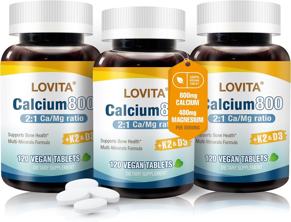 Lovita Calcium Citrate 800 mg με Μαγνήσιο, Βιταμίνη D3 & K2, Ενίσχυση των οστών & Πυκνότητα συμπλήρωμα για γυναίκες & άνδρες, Υποστηρίζει τα δόντια, ανοσοποίηση υγεία, γλουτένη χωρίς, μη- ΓΤΟ, 360 Vegan δισκία