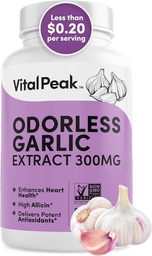 Odorless Garlic Extract - Allicin-Rich 300 mg Herbal Garlic Supplements for Heart, Liver, and Immune Support I Non-GMO, Gluten-Free, Vegan - 90 Garlic Capsules