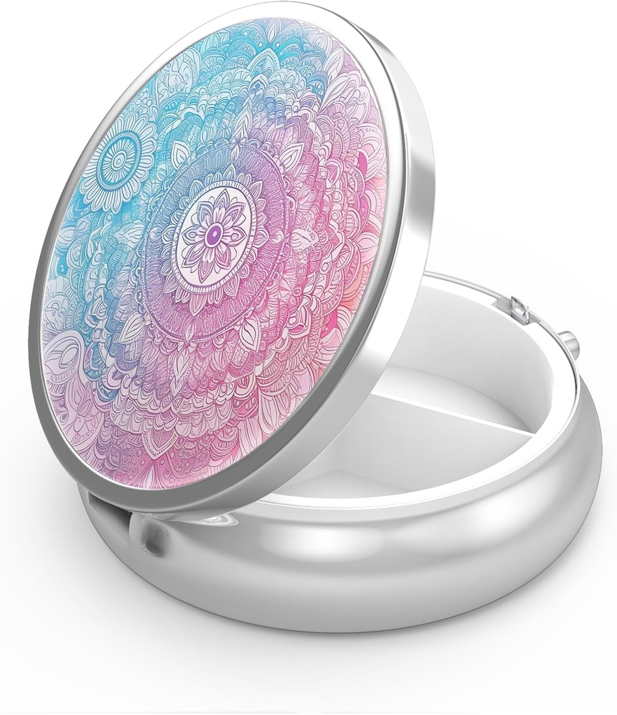 Κουτί χαπιών 3 Διαμέρισμα μικρή θήκη χαπιών, Πόρτο για Pocket ή Purse Pill Organizer Hipl Container Holder για να κρατήσει βιταμίνες, φαρμακευτική αγωγή, ιχθυέλαιο και συμπληρώματα (Mandala Bright)