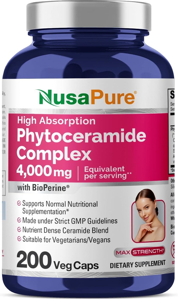 NusaPure Phytoceramide Complex 10:1 Extract, 1030 mg Equivalent to 4000 mg 200 Veggie Capsules (Non-GMO) Bioperine