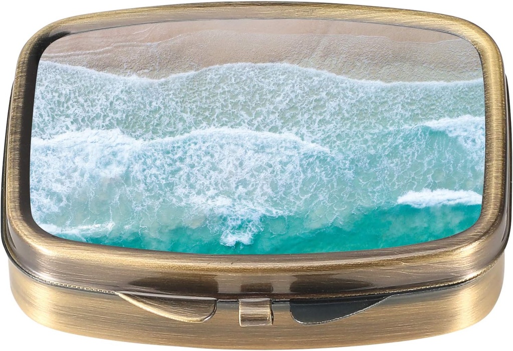 Dynippy Pill Case Pill Box with Mirror Retro Pocket 2 Compartment Medicine Case Vitamin Pill Organizer for Pocket Purse and Travel (A-Sandy Beach)