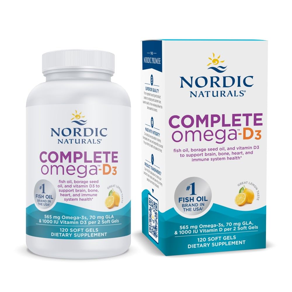 Nordic Naturals Complete Omega-D3, Lemon Flavor - 120 Soft Gels - 565 mg Omega-3 + 70 mg GLA + 1000 IU Βιταμίνη D3 - EPA & DHA - Υγιεινό δέρμα, Γνωστική, Θετική Mood - Μη-GMO - 60 Υπηρεσίες