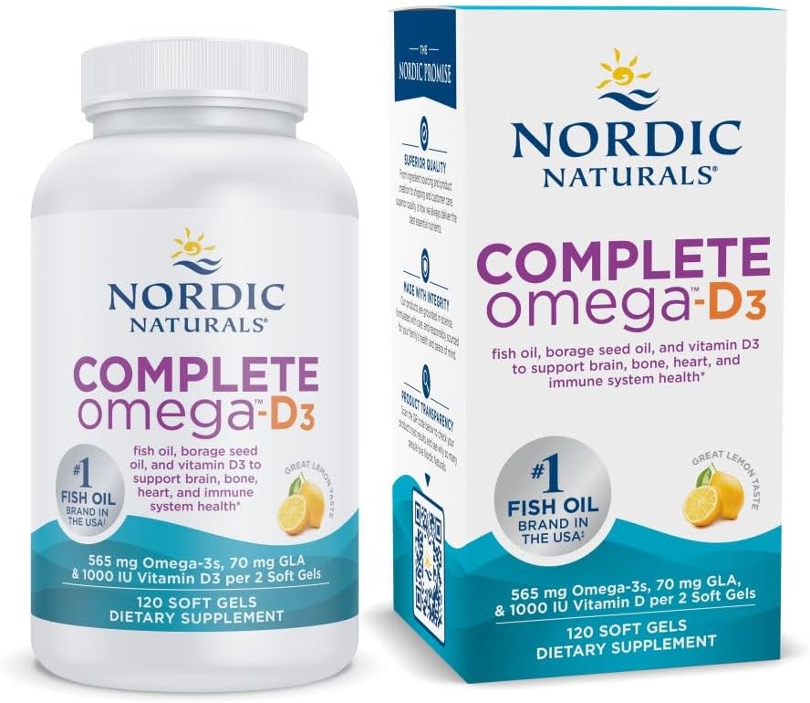 Nordic Naturals Complete Omega-D3, Lemon Flavor - 120 Soft Gels - 565 mg Omega-3 + 70 mg GLA + 1000 IU Βιταμίνη D3 - EPA & DHA - Υγιεινό δέρμα, Γνωστική, Θετική Mood - Μη-GMO - 60 Υπηρεσίες