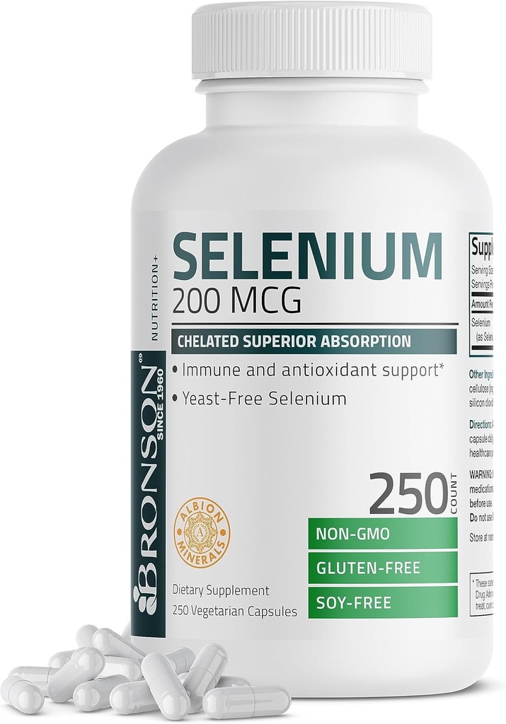 Bronson Selenium 200 mcg – Free Yeast Chelated Amino Acid Complex - Essential Trace Mineral with Superior Absorpition, 250 Vegetarian Capsles