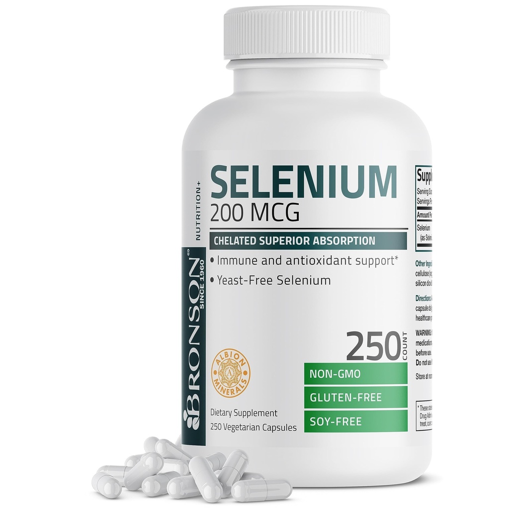 Bronson Selenium 200 mcg – Free Yeast Chelated Amino Acid Complex - Essential Trace Mineral with Superior Absorpition, 250 Vegetarian Capsles