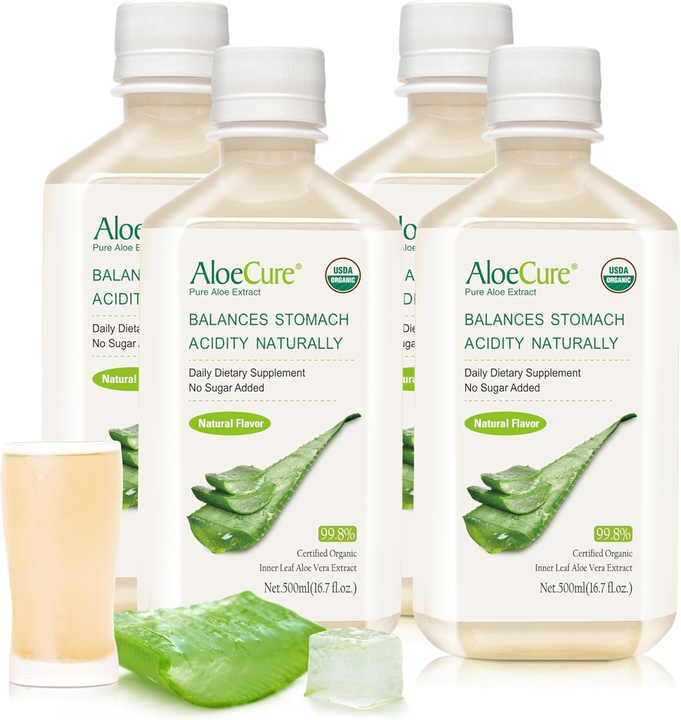 AloeCure USDA Organic Aloe Vera Juice Made Within 12 Hrs of Harvest - Pure Aloe Juice Natural Digestive Supplement to Support Digestion, Immune System and balanced Stomach Acidity, 4 x 500ml Μπουκάλια
