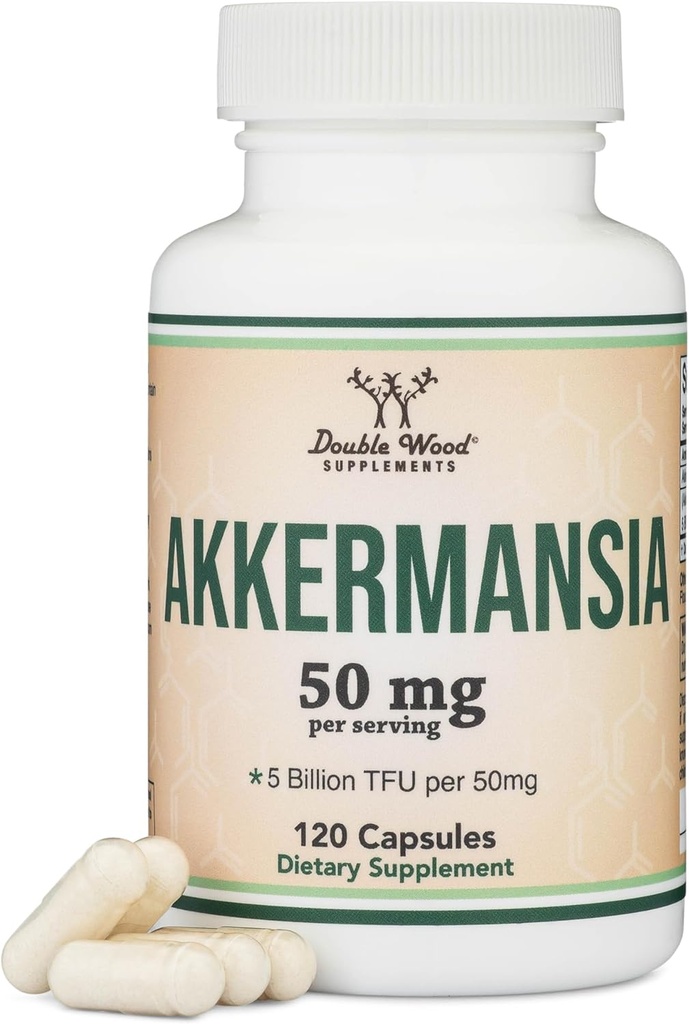 Akkermansia Probiotic and Postbiotic (Increases GLP-1 Production) 120 Capsules, 50mg per Serving (Third Party Tested to 5 Billion TFU per Serving, 50 Billion CFU per Gram) by Double Wood